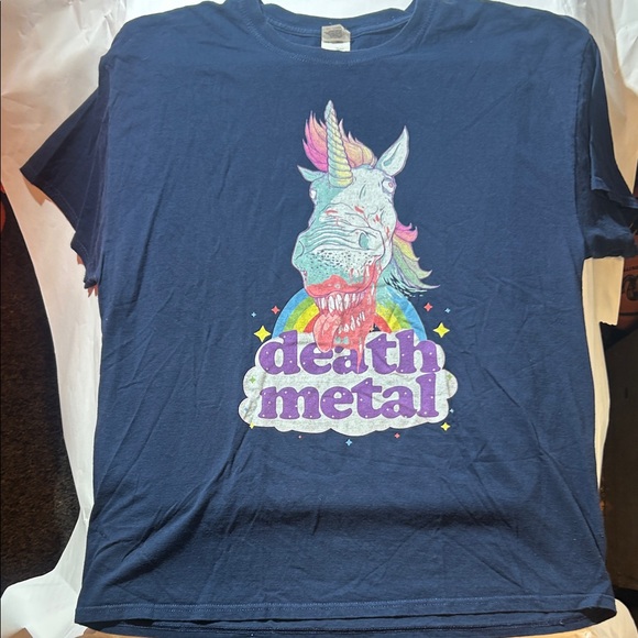 Death Metal Zombie Unicorn - Navy Blue Graphic Tee - Picture 1 of 2